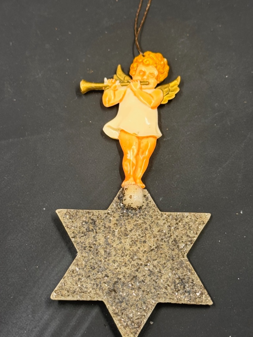 VTG Celluloid Plastic Germany Angel Cherub Playing Horn Star Christmas Ornament